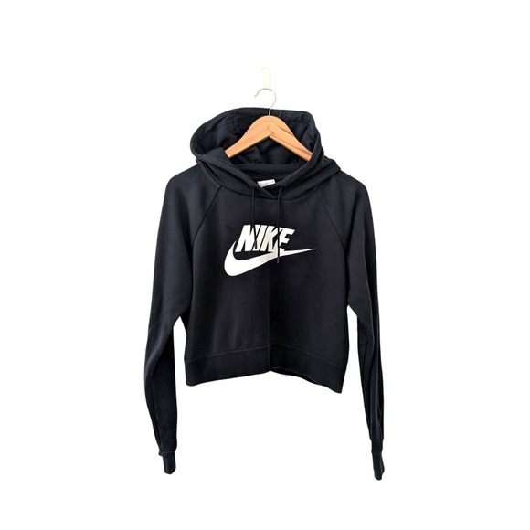 Nike Cropped Hoodie Pullover Sweatshirt Black Drawstring Womens Medium - Picture 1 of 4